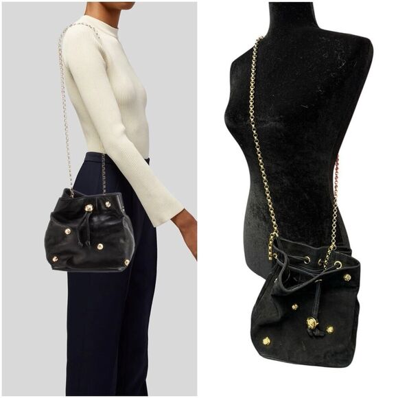 Salvatore Ferragamo Suede Black Studs Drawstring Bucket Chain Shoulder Bag - Picture 1 of 15